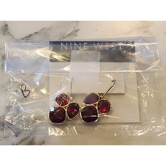 Nine West Gold-Tone Drop Earrings With Red Gemstone Cluster Design For Women - Picture 2 of 5